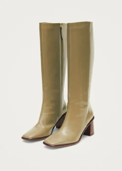 East Sleek Khaki Leather Boots|ALOHAS Discount